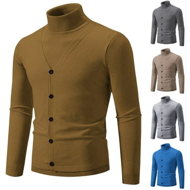 WRKEKC Men's Turtleneck Cardigan Layered Button Front Solid Color Thickened Soft Warm Regular Fit Fall Winter Casual Outerwear
