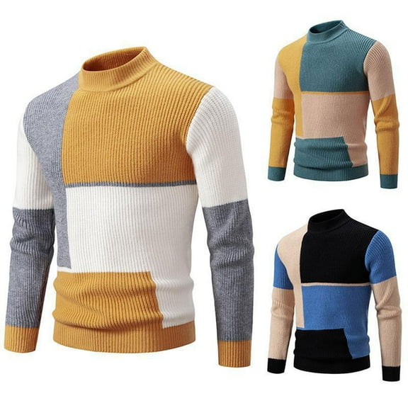 WRKEKC Men's Turtleneck Sweater Color Block Ribbed Knit Long Sleeve Thickened Soft Warm Unique Regular Fit Fall Winter Casual Pullover