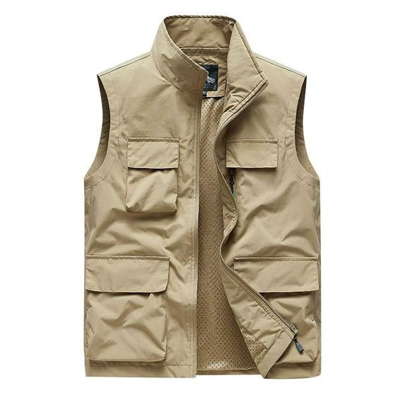 WRKEKC Men's Utility Vest Solid Color Stand Collar Multi-Pocket Outdoor Sleeveless Outerwear for Sports and Casual Layering