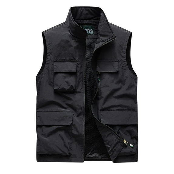 WRKEKC Men's Utility Vest Solid Color Stand Collar Multi-Pocket Outdoor Sleeveless Outerwear for Sports and Casual Layering
