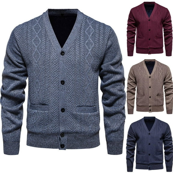 WRKEKC Men's V-Neck Cardigan Argyle Knit Button Front with Pockets Thickened Soft Warm Regular Fit Versatile Fall Winter Casual Outerwear