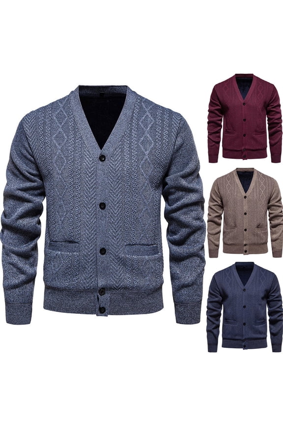 Men's V-Neck Cardigan Argyle Knit Button Front with Pockets Thickened Soft Warm Regular Fit Versatile Fall Winter Casual Outerwear