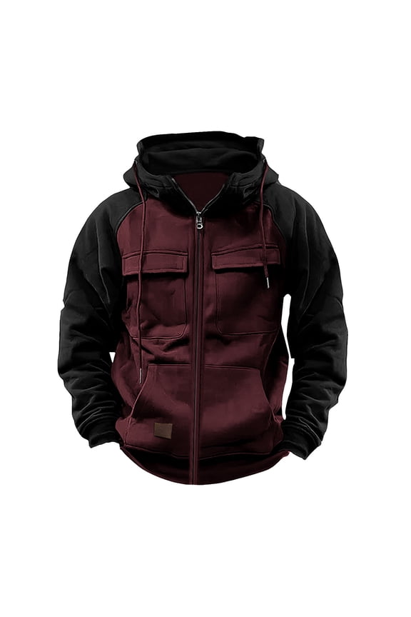 Men's Vintage Utility Jacket Colorblock Multi-Pocket Zip-Up Hooded Long Sleeve Casual Outerwear for Everyday Outdoor Styling