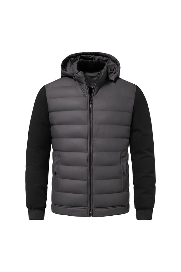 Men's Winter Jacket Solid Color Patchwork Hooded Stand Collar Long Sleeve Cotton Coat for Cold Weather Protection