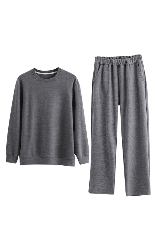 Men's Winter Pajamas Set Solid Color Thick Fleece Long Sleeve Top and Pant Two-Piece Loungewear with Back Belly Knee Protection for Men