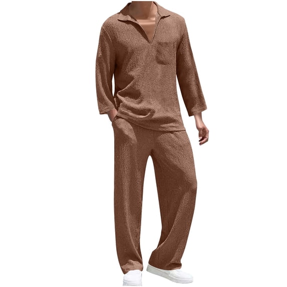 WRKEKC Mens 2 Piece Loungewear Set Athletic Casual Sportswear Homewear Long Sleeve Crew Neck Shirt Set for Men Daily Wear