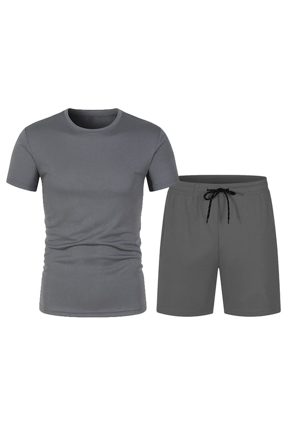 Mens 2 Piece Outfits Solid Color Mesh Casual Running Fitness Sport Pocket Drawstring Waist Shorts with Round Neck Top Beach Set