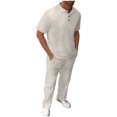 thumbnail image 1 of WRKEKC Mens 2 Piece Outfits Summer Casual Solid Color Short Sleeve Lapel Collar Shirt with Elastic Waist Pants Set for Daily Commute, 1 of 5
