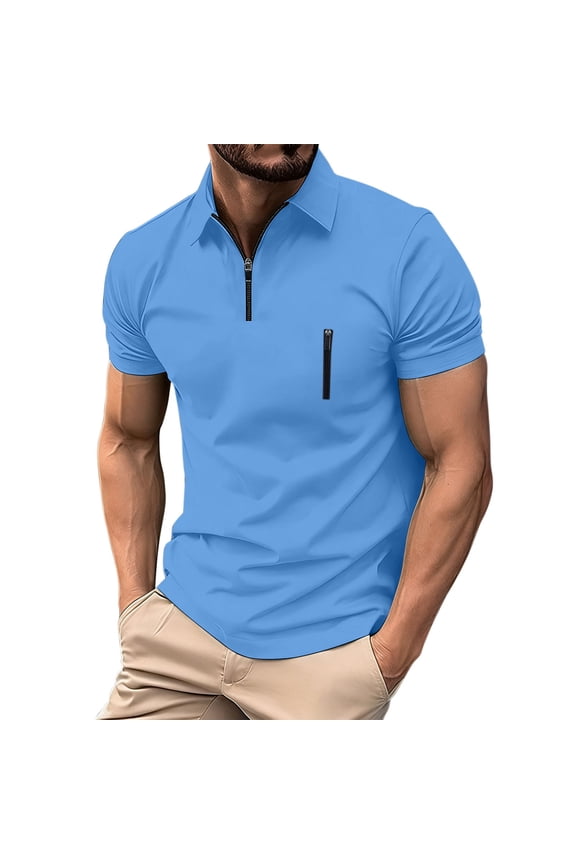 Mens Athletic Shirts Solid Color Short Sleeve Lapel Zipper Casual Athletic Top T Shirt Modern for Active Style