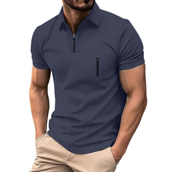 WRKEKC Mens Athletic Shirts Solid Color Short Sleeve Lapel Zipper Casual Athletic Top T Shirt Modern for Active Style