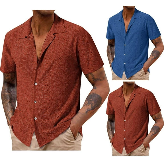 WRKEKC Men's Solid Color Casual Loose Button Short Sleeve Collared Shirt Comfortable Soft Retro Stylish Lightweight Top Shirt
