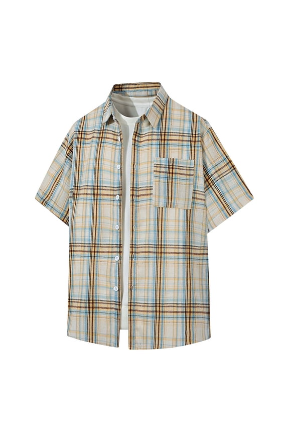 Mens Collared Short Sleeve Shirts Plaid Button Pocket Casual Comfortable Stylish Everyday Wear Lightweight Top Shirt