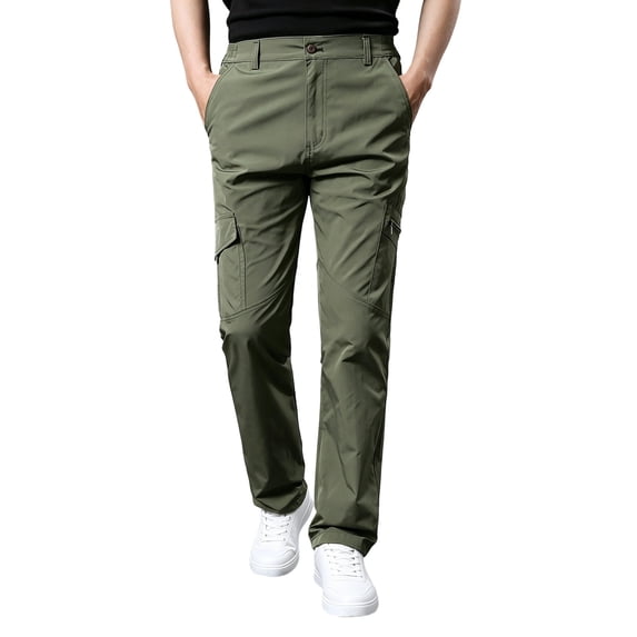 WRKEKC Mens Cargo Pants Solid Button Multi Pocket Elastic Waist Outdoor Trousers Spring Fall Loose Fit Straight Leg