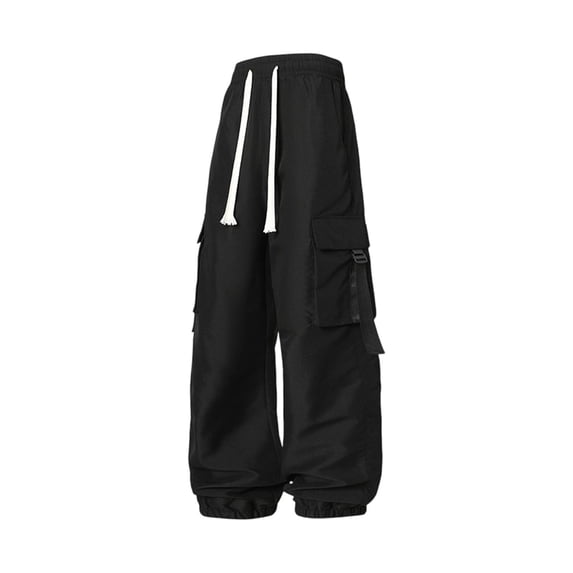 WRKEKC Mens Cargo Pants Wide Straight Leg Multi Pockets Functional Casual Trousers Drawstring Elastic Waist Loose Fit