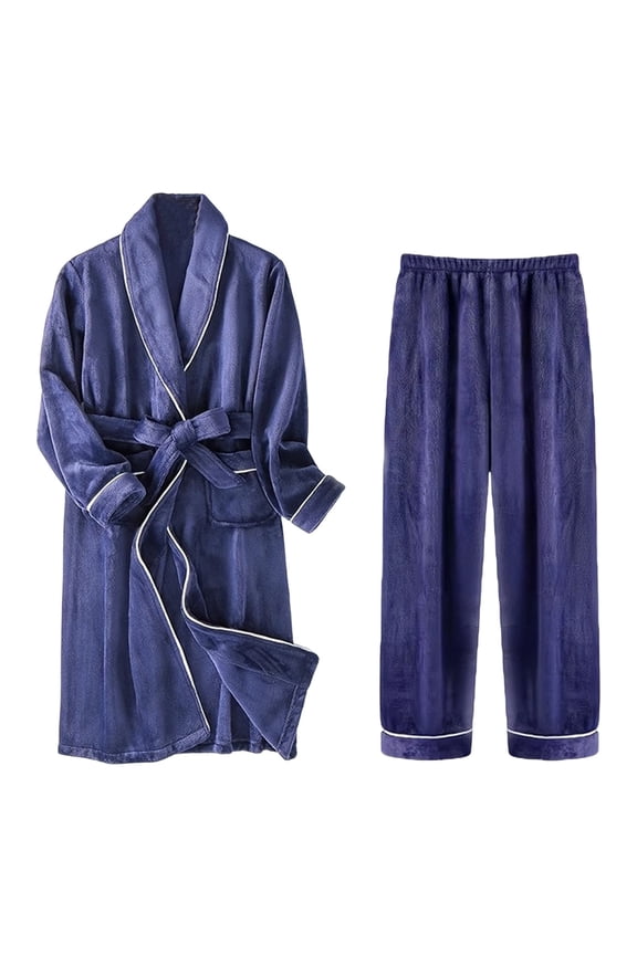 Mens Fleece Robe Set Solid Color Thickened Warm Fleece Loungewear Sets for Men Cozy Home Sleepwear Lounging Outfit