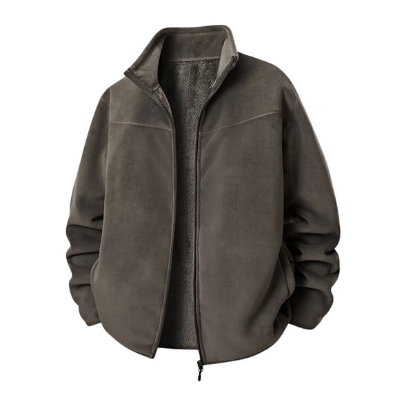 WRKEKC Mens Jacket Solid Color Fleece Shearling Lined Zip Up Pockets Stand Collar Long Sleeve Thickened Casual Outerwear for Men