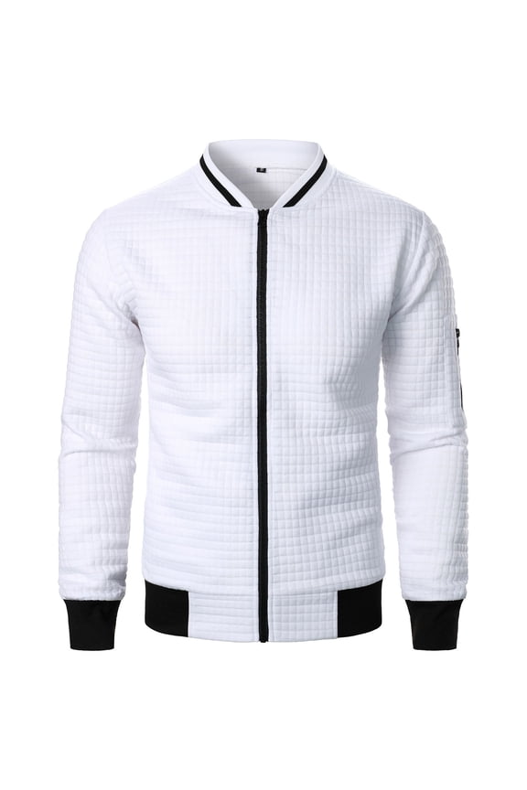 Mens Jackets Lightweight Solid Color Waffle Knit Jacket with Zipper Pockets Stand Collar Long Sleeve No Hood Casual Outerwear Fall Winter for Men