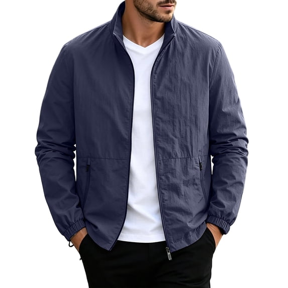 WRKEKC Mens Jackets Lightweight Stand Collar Long Sleeve Zip-Up Outerwear With Elastic Hem for Daily Casual Occasions