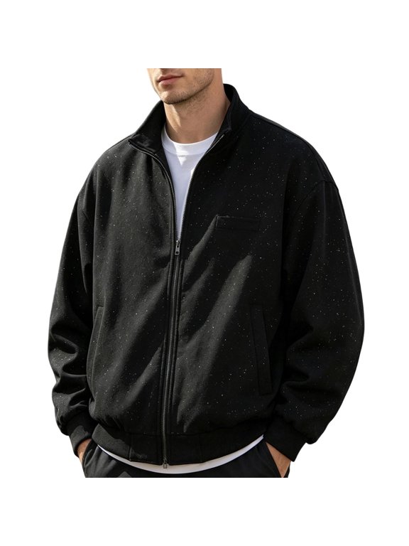 Mens Jackets Lightweight Zip Up Lapel Collar Long Sleeve Solid Baseball Style Jacket with Star Print and Multiple Pocket Details for Trendy Look