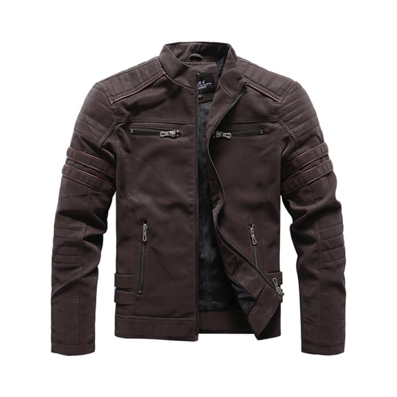 WRKEKC Mens Jackets Solid Color Retro Zip-Pocket PU Leather Long Sleeve Leather Jacket Men's Casual Vintage Outerwear