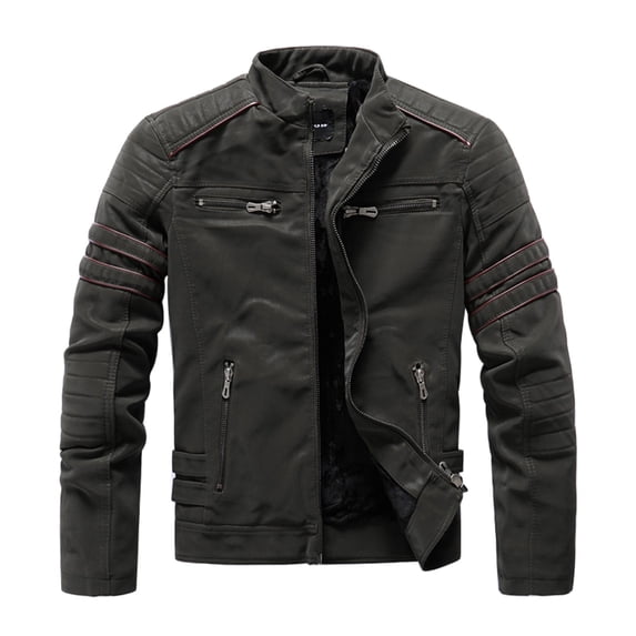 WRKEKC Mens Jackets Solid Color Retro Zip-Pocket PU Leather Long Sleeve Leather Jacket Men's Casual Vintage Outerwear