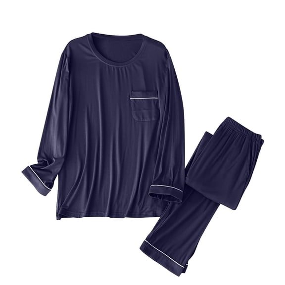 WRKEKC Mens Knit Pajamas Set Casual Crew Neck Long Sleeve Long Pant Sleepwear Set for Men Comfortable Home Loungewear and Sleep Outfit