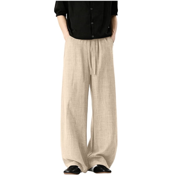 WRKEKC Mens Linen Pants Breathable Thin Drawstring Elastic Waist Loose Wide Leg Casual Trousers Summer Relaxed Fit