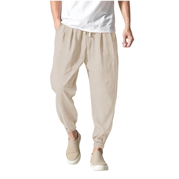 WRKEKC Mens Linen Pants Cropped Length Drawstring Elastic Waist Pocket Casual Jogger Trousers Loose Comfort Summer Style