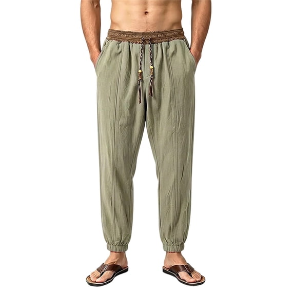 WRKEKC Mens Linen Pants Elastic Drawstring Waist Jogger Ankle Cuff Lightweight Trousers with Side Pockets for Summer Beach and Daily Relax Wear