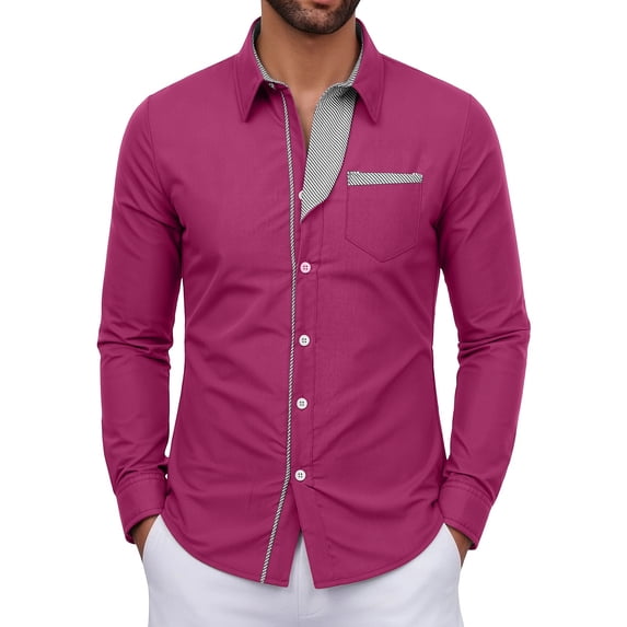 WRKEKC Mens Long Sleeve Shirts Color Block Collar with Pocket Slim Fit Casual Button Front Long Sleeve Shirt