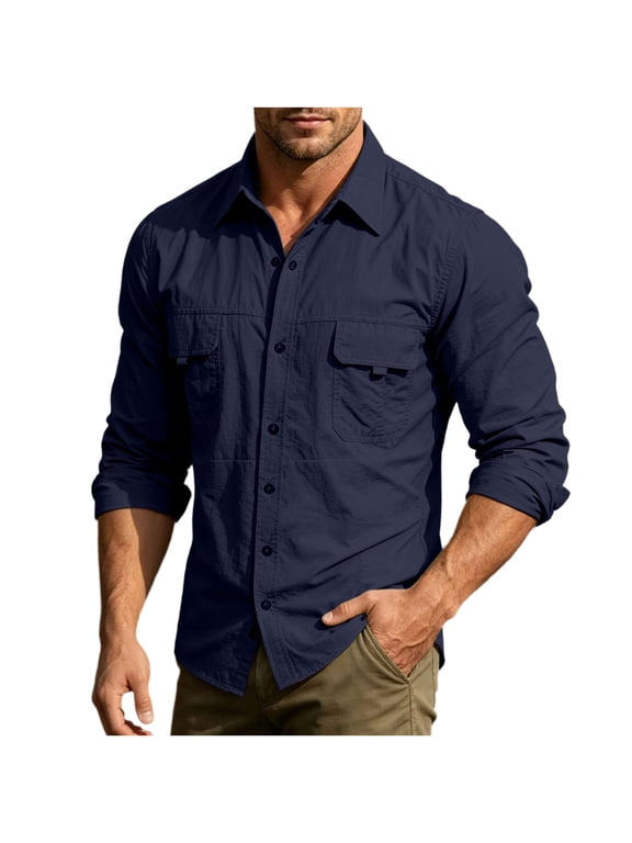 Mens Long Sleeve Shirts Solid Color Quick Dry Collar Button Front Outdoor Back Mesh Zip Dual Pocket Loose Cool Work Shirt