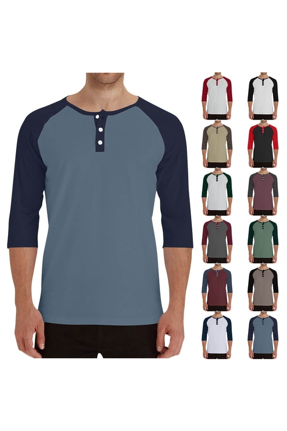 Mens Long Sleeve Tee Shirts, Long Sleeve Shirts for Men, Men's Lightweight Breathable Solid Color Raglan 3/4 Sleeve Round Neck Button Shirt