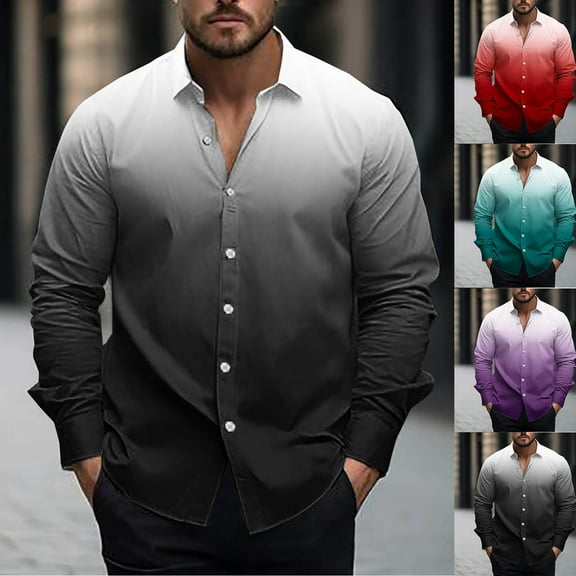 WRKEKC Mens Long Sleeve Tee Shirts, Long Sleeve Tops for Men, Men's Trendy Casual Button-Up Comfortable Long Sleeve Collar Gradient Printed Shirts