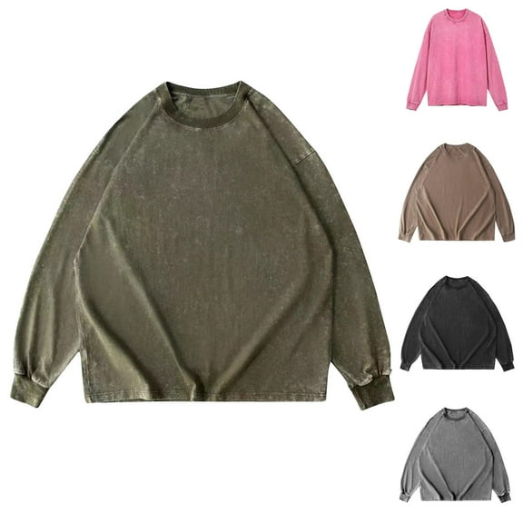 WRKEKC Mens Long Sleeve Tee Shirts, Men's Long Sleeve Shirts, Men's Vintage Solid Color Washed Long Sleeve Round Neck Tops