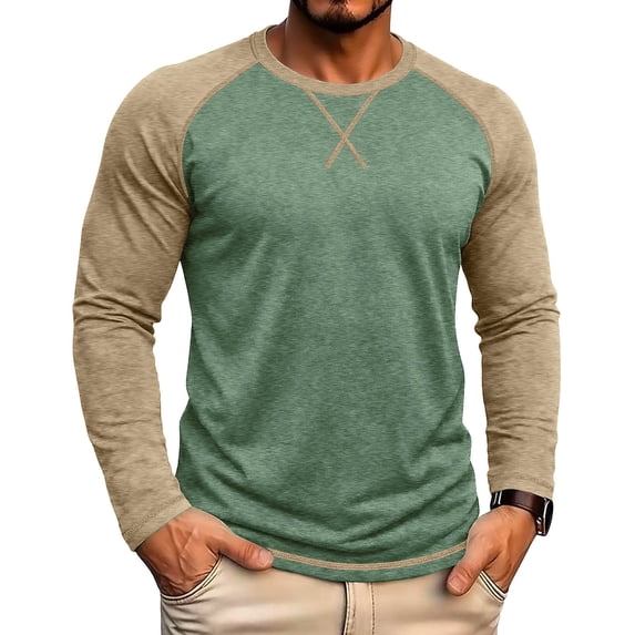 WRKEKC Mens Long Sleeve Tee Shirts Two Tone Raglan Crew Neck Long Sleeve Soft Knit Curved Hem Daily Casual Pullover Tops