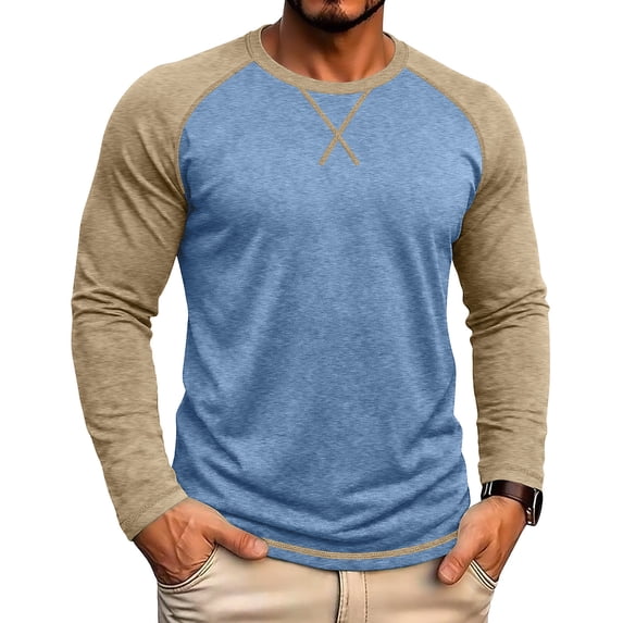 WRKEKC Mens Long Sleeve Tee Shirts Two Tone Raglan Crew Neck Long Sleeve Soft Knit Curved Hem Daily Casual Pullover Tops
