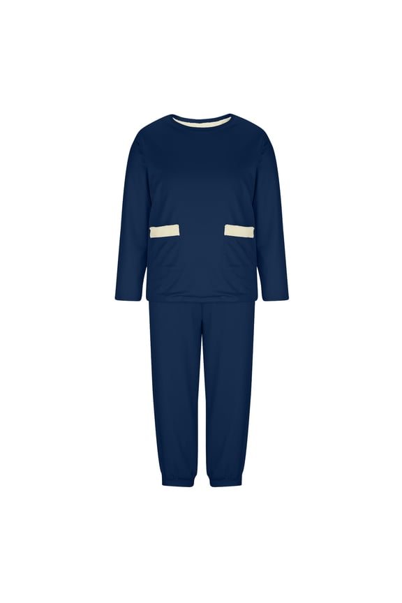 Mens Loungewear Set Casual Solid Color Crew Neck Fleece Lined Pocket Elastic Cuff Pants Long Sleeve Warm Sweatshirt Set