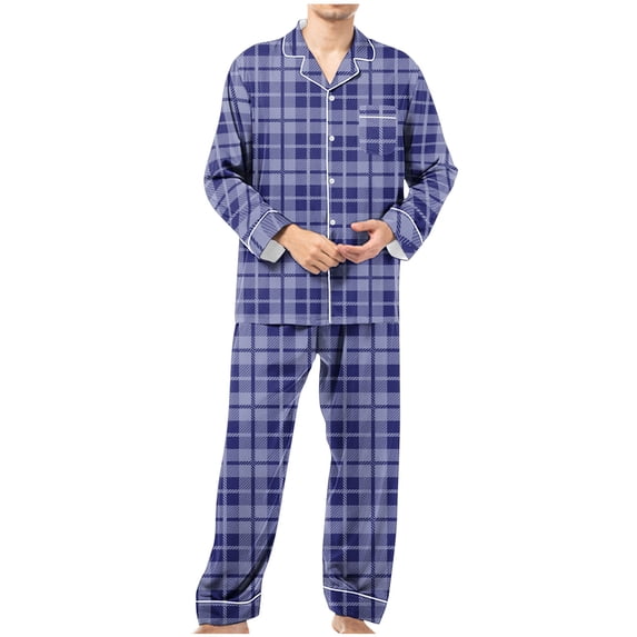 WRKEKC Mens Pajamas Set Button Front Notched Collar Plaid Print Long Sleeve Top with Pockets Long Pant Sleepwear Set for Men Home Outfit
