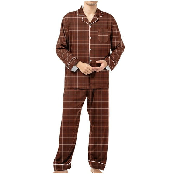 WRKEKC Mens Pajamas Set Button Front Notched Collar Plaid Print Long Sleeve Top with Pockets Long Pant Sleepwear Set for Men Home Outfit