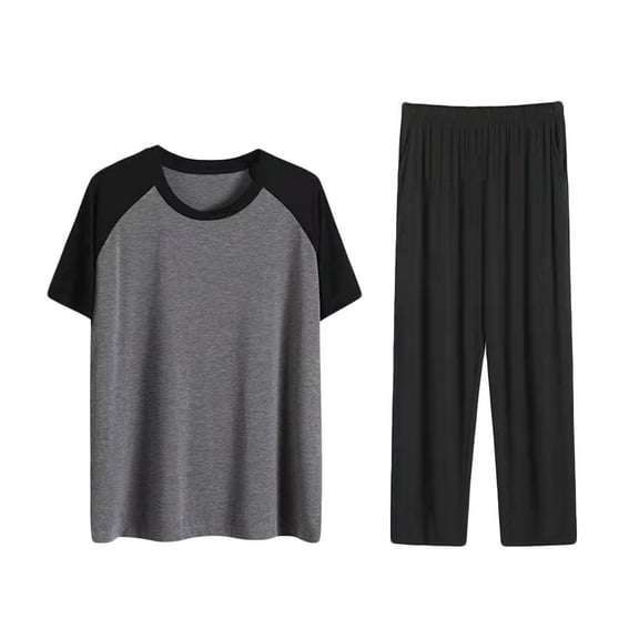 WRKEKC Mens Pajamas Set Raglan Sleeve Color Block Short Sleeve Crew Neck Shirt Long Pant Two Piece Home Loungewear Sleepwear Set for Men
