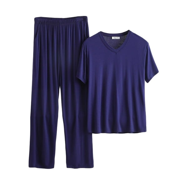 WRKEKC Mens Pajamas Set Short Sleeve Crew Neck Shirt Wide Leg Long Pant Two Piece Home Loungewear Sleepwear Set for Men