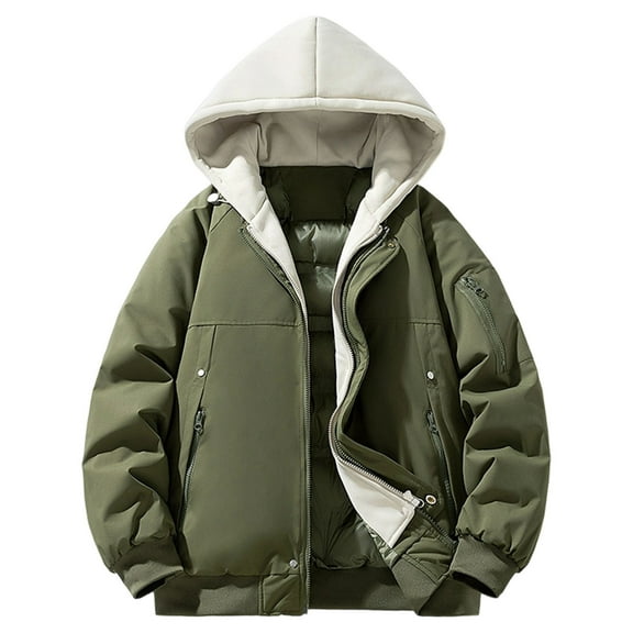 WRKEKC Mens Puffer Jacket Solid Color Thickened Hooded Fake Two Pieces Cotton Padded Long Sleeve Casual Winter Jacket Outerwear