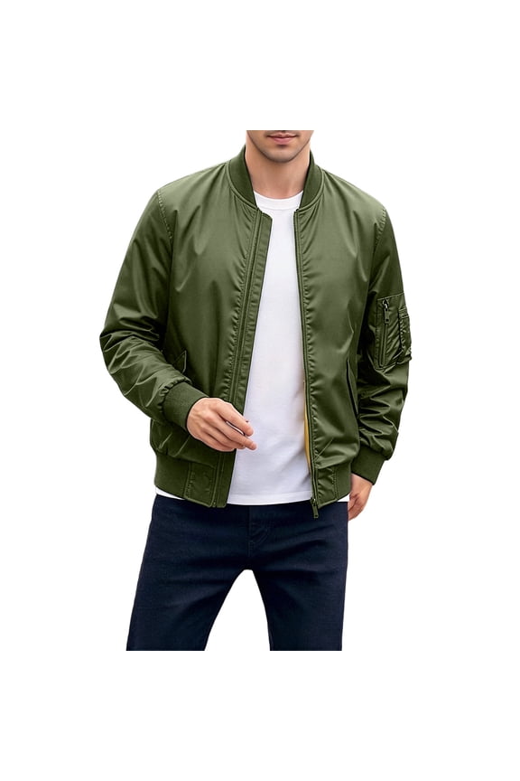 Mens Puffer Jackets Rib Collar Long Sleeve Zip-Up Bomber Outerwear With Elastic Cuffs for Weekend Outings
