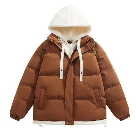 WRKEKC Mens Puffer Jackets Solid Color Zip Up Hooded Fake Two Piece Long Sleeve Sports Thickened Fleece Lined Warm Puffer Jacket Winter Coats for Men Sleeveless Casual Outerwear