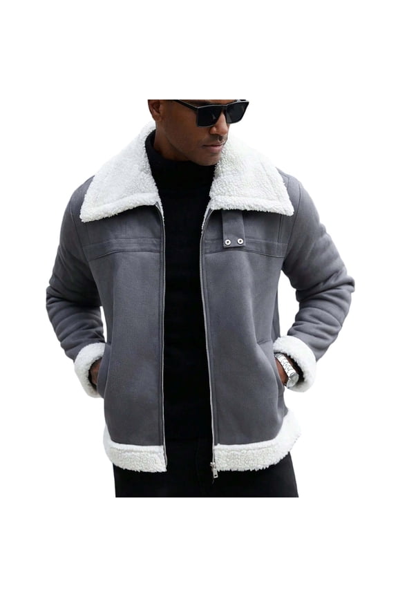 Mens Puffer Jackets Solid Suede Fabric Zip Up Collar Workwear Coat with Fleece Lining and Thick Warm Insulation