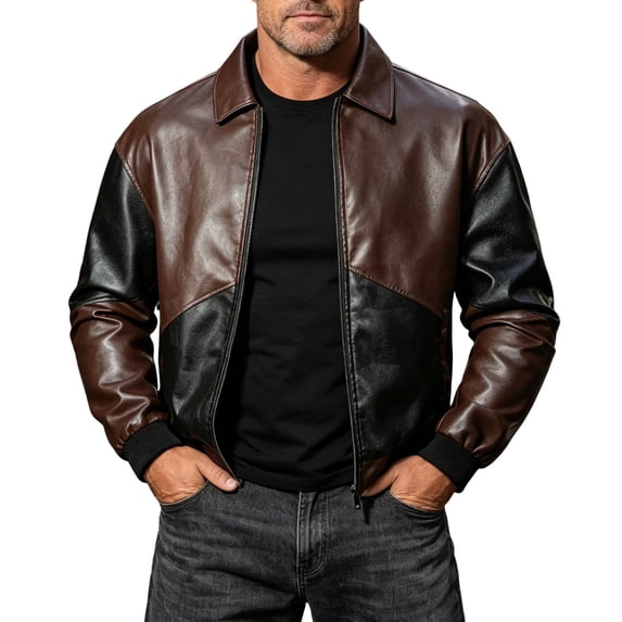 WRKEKC Mens Puffer Jackets Vintage Shearling Collar Patchwork Leather Motorcycle Jacket with Contrast Trim and Zip