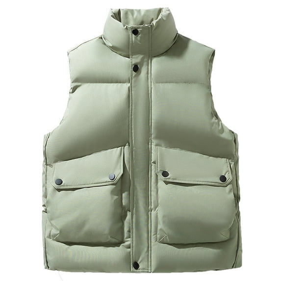 WRKEKC Mens Puffer Vest Solid Color Button Pocket Sleeveless Vest Stand Collar Casual Warm Outerwear Fall Winter for Men
