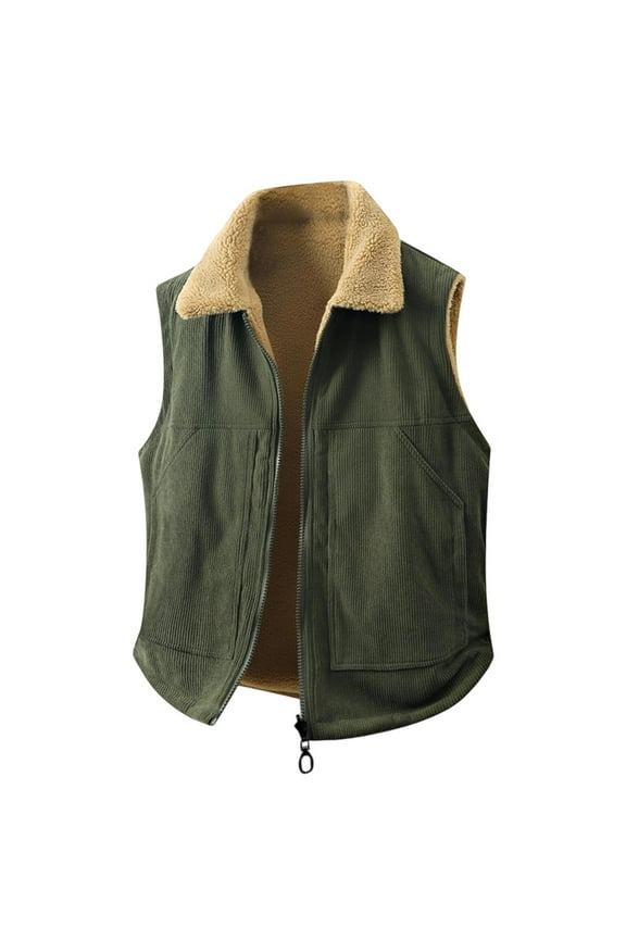 Mens Puffer Vest Solid Color Double-Sided Wear Corduroy Sleeveless Jacket Men's Fleece Retro Casual Winter Outerwear Coat