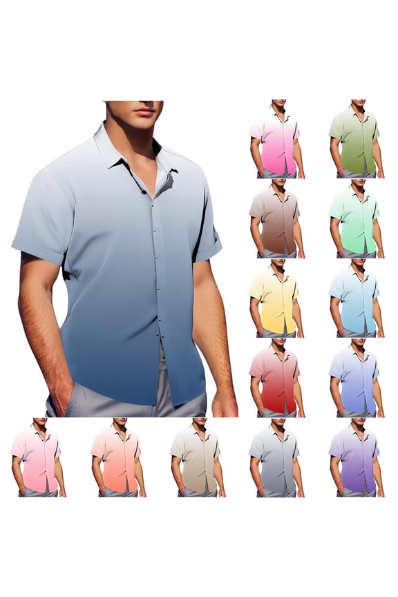 Men's Collared Gradient Short Sleeve Hidden Button Pocket Button Down Shirt Casual Daily Wear Comfortable Top Shirt
