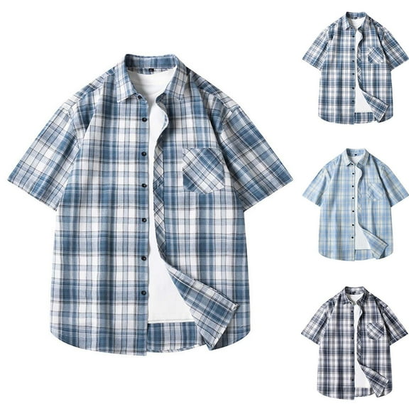 WRKEKC Men's Fashion Shirts Pocket Button Short Sleeve Collared Plaid Casual Comfortable Stylish Everyday Top Shirt